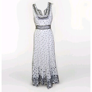 Oasis Maxi Dress 14 Embroidered White Black Beaded Embellished Floral Cotton